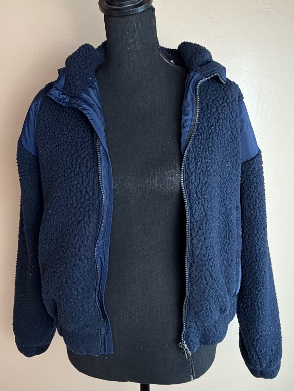 Peloton Navy Blue Teddy Sherpa Fleece Nylon Hybrid Hooded Full Zip Jacket XS